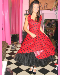 Red 50´s Halterneck Circular Dress With Large Black Polka Dots